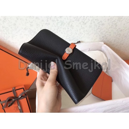 Hermes Bicolor Dogon Duo Wallet In Black Orange Leather 