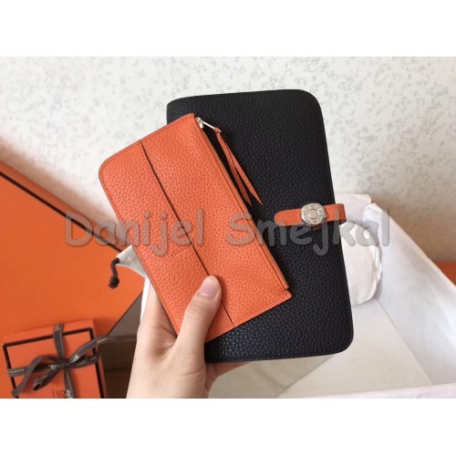 Hermes Bicolor Dogon Duo Wallet In Black Orange Leather 