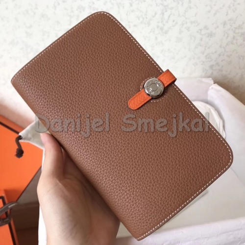 Hermes Bicolor Dogon Duo Wallet In BrownOrange Leather