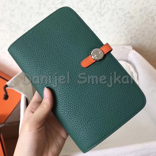 Hermes Bicolor Dogon Duo Wallet In MalachiteOrange Leather 