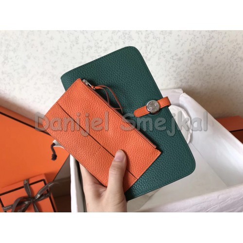 Hermes Bicolor Dogon Duo Wallet In MalachiteOrange Leather 