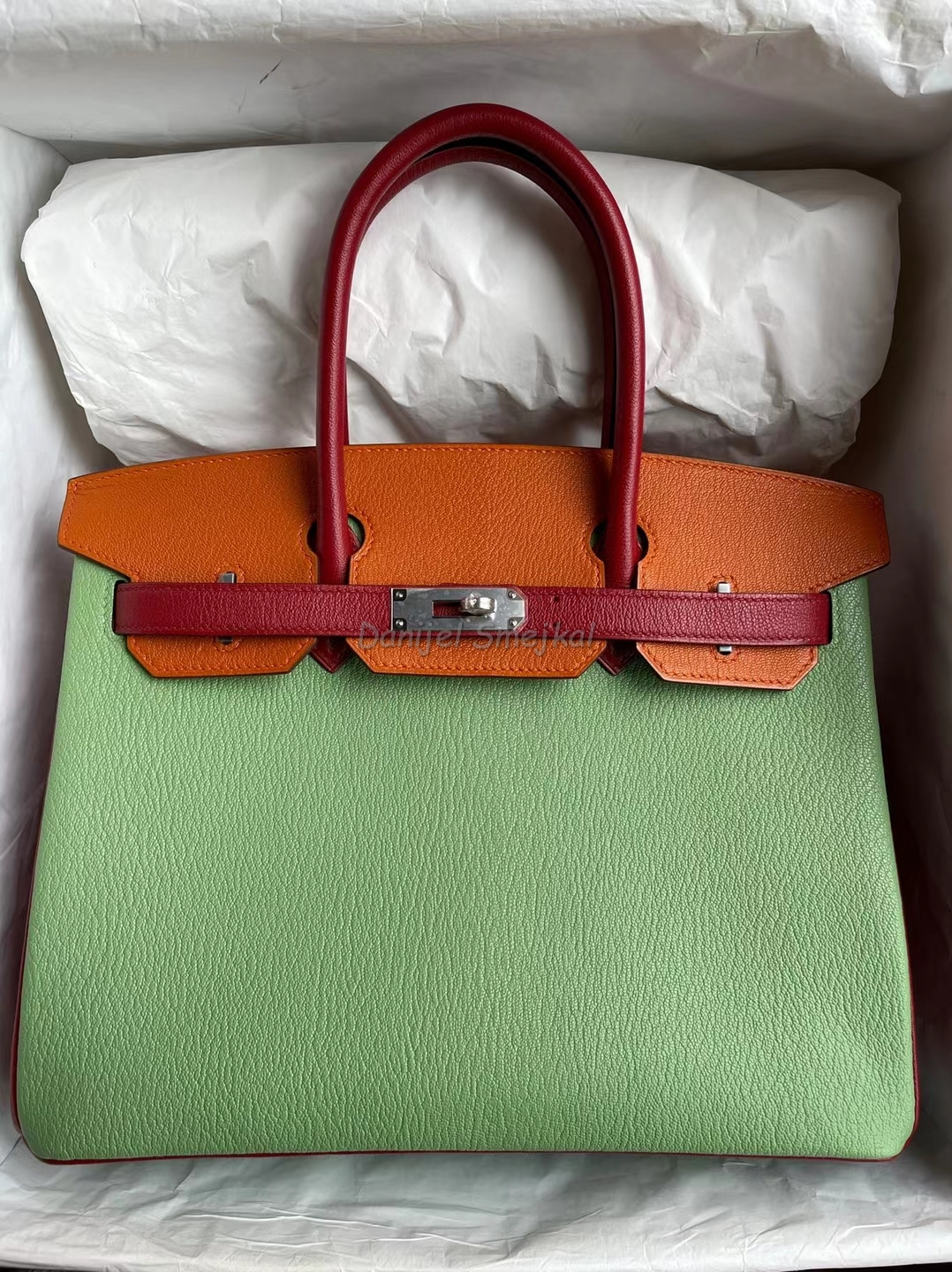 Hermes Birkin Three Color Matching Chevre Avocado Green & ck93 Orange & Q5 Red Marks Silver Buckle 30cm