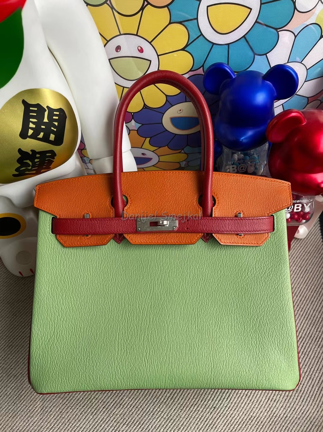 Hermes Birkin Three Color Matching Chevre Avocado Green & ck93 Orange & Q5 Red Marks Silver Buckle 30cm