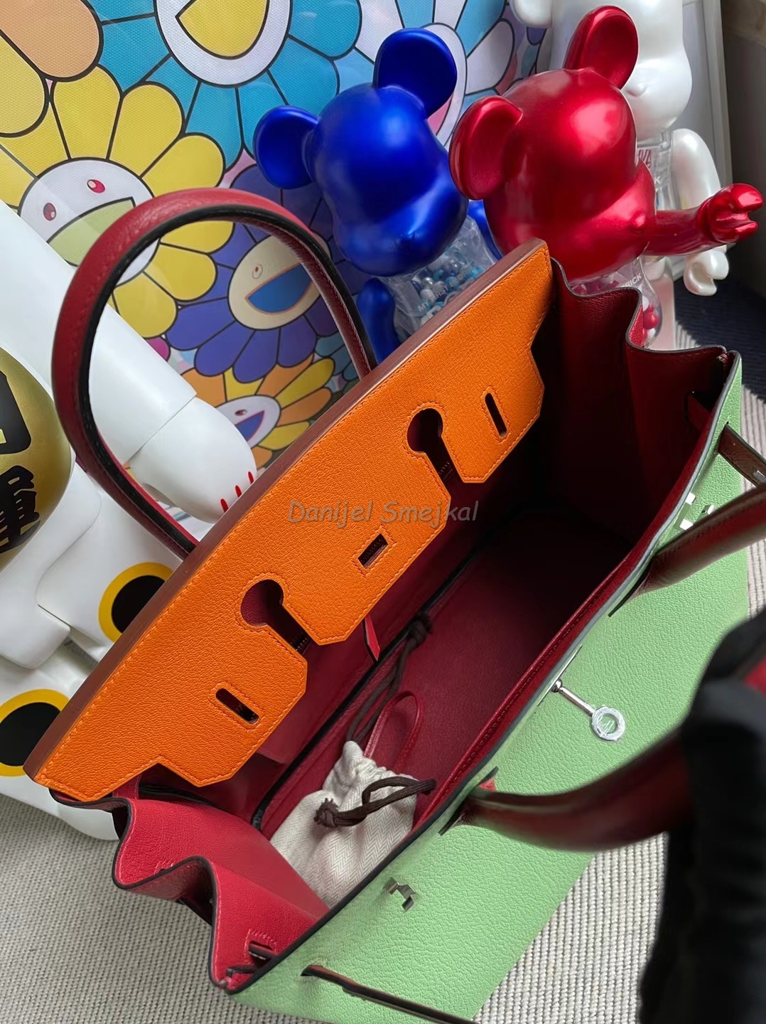 Hermes Birkin Three Color Matching Chevre Avocado Green & ck93 Orange & Q5 Red Marks Silver Buckle 30cm