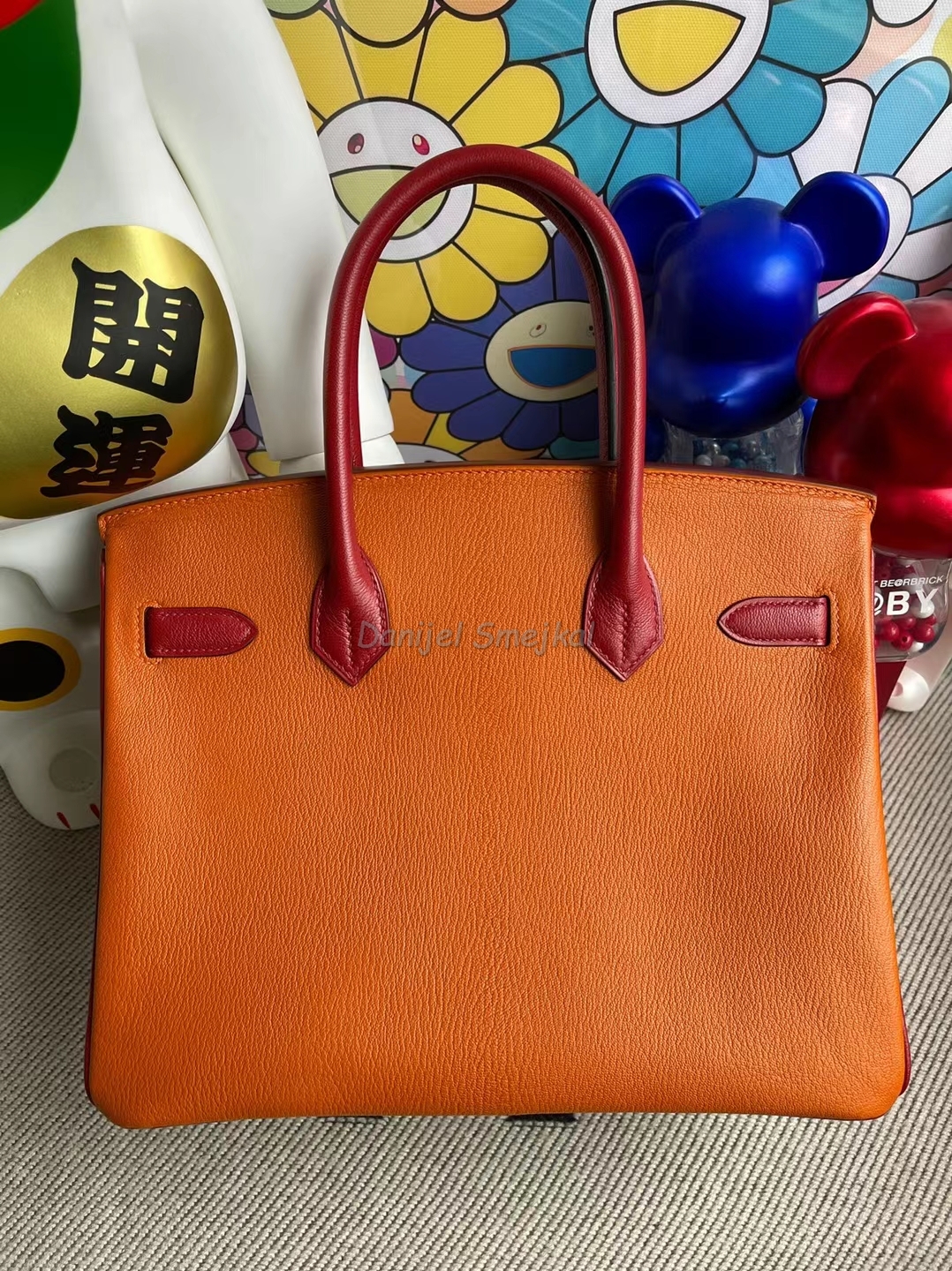 Hermes Birkin Three Color Matching Chevre Avocado Green & ck93 Orange & Q5 Red Marks Silver Buckle 30cm