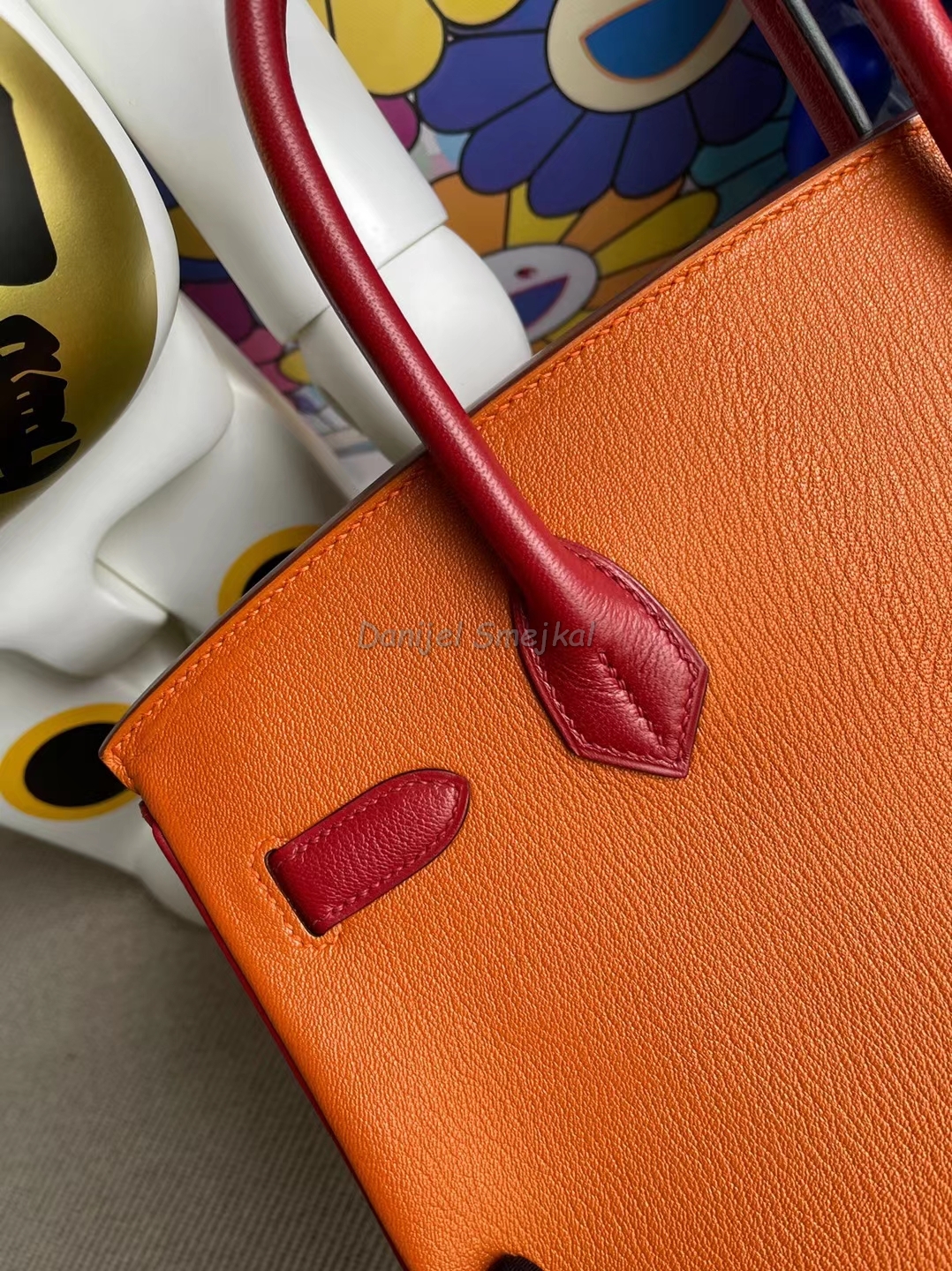 Hermes Birkin Three Color Matching Chevre Avocado Green & ck93 Orange & Q5 Red Marks Silver Buckle 30cm