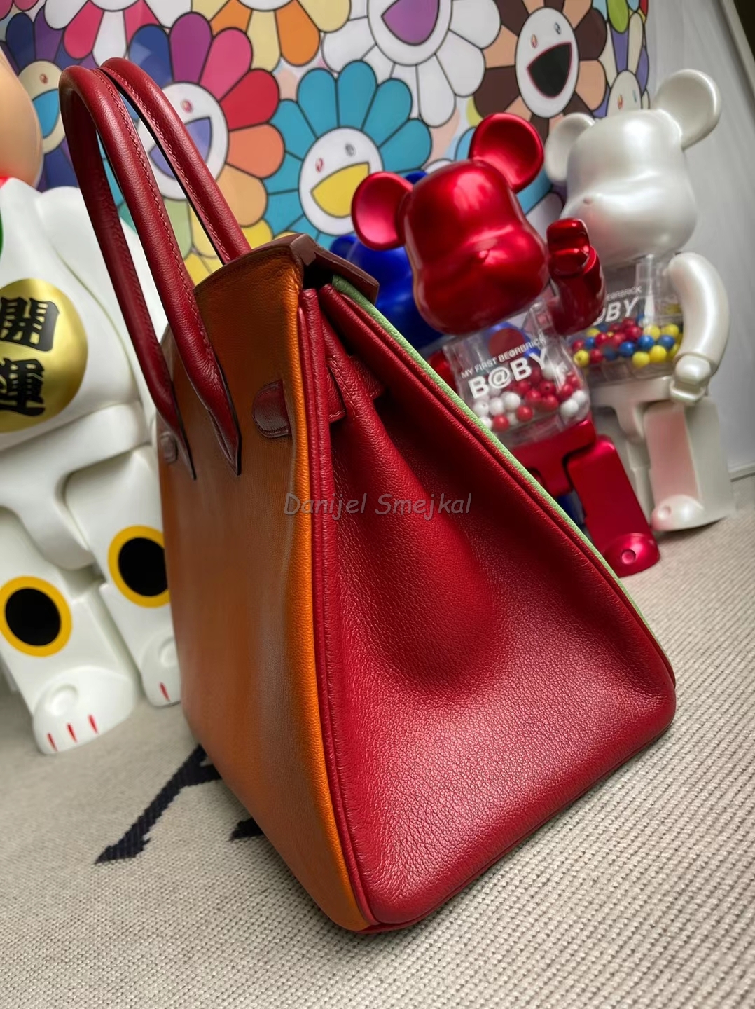 Hermes Birkin Three Color Matching Chevre Avocado Green & ck93 Orange & Q5 Red Marks Silver Buckle 30cm