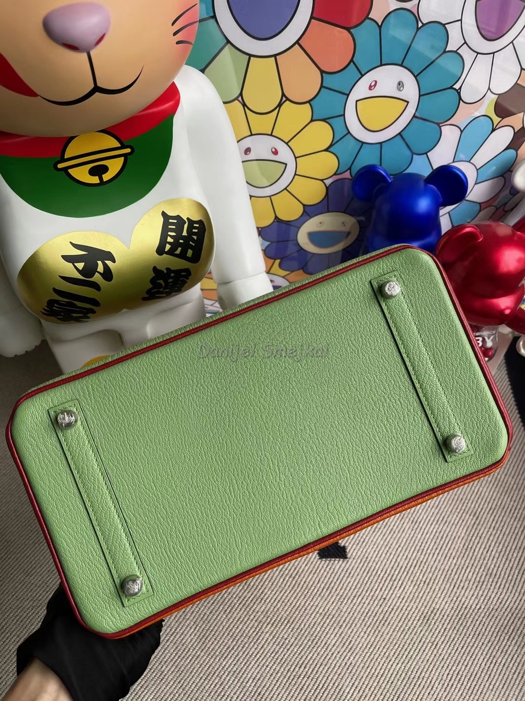 Hermes Birkin Three Color Matching Chevre Avocado Green & ck93 Orange & Q5 Red Marks Silver Buckle 30cm