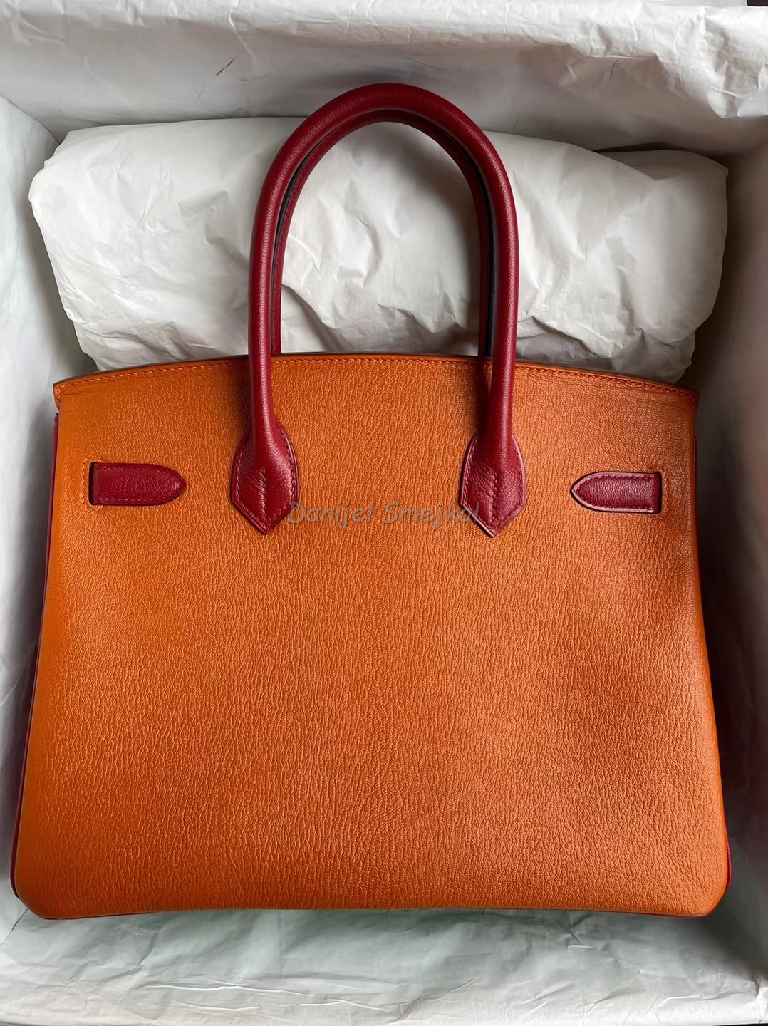 Hermes Birkin Three Color Matching Chevre Avocado Green & ck93 Orange & Q5 Red Marks Silver Buckle 30cm