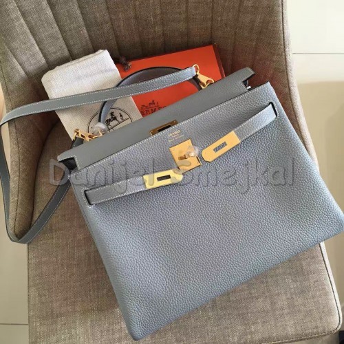 Hermes Blue Lin Clemence Kelly Retourne 32cm