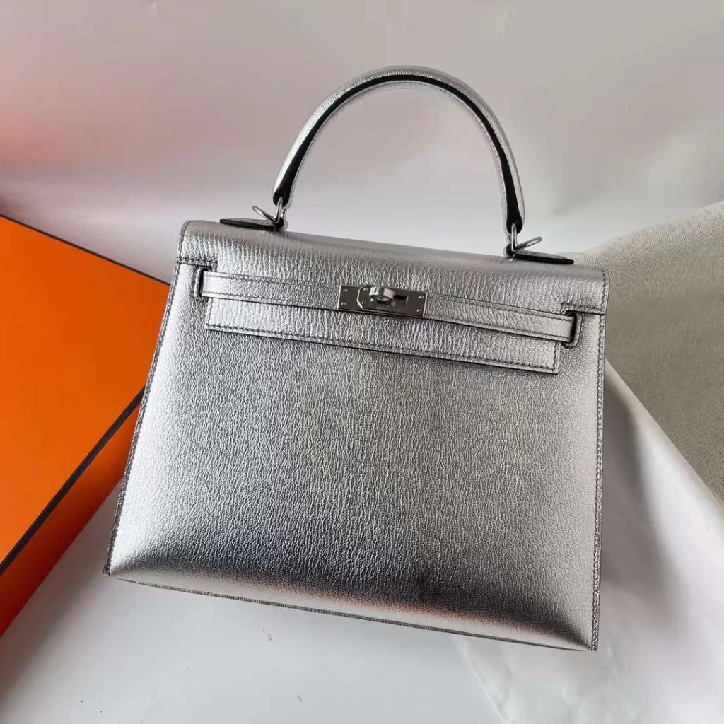Hermes Kelly Chevre Silver & Black Silver Hardware Phw 25cm