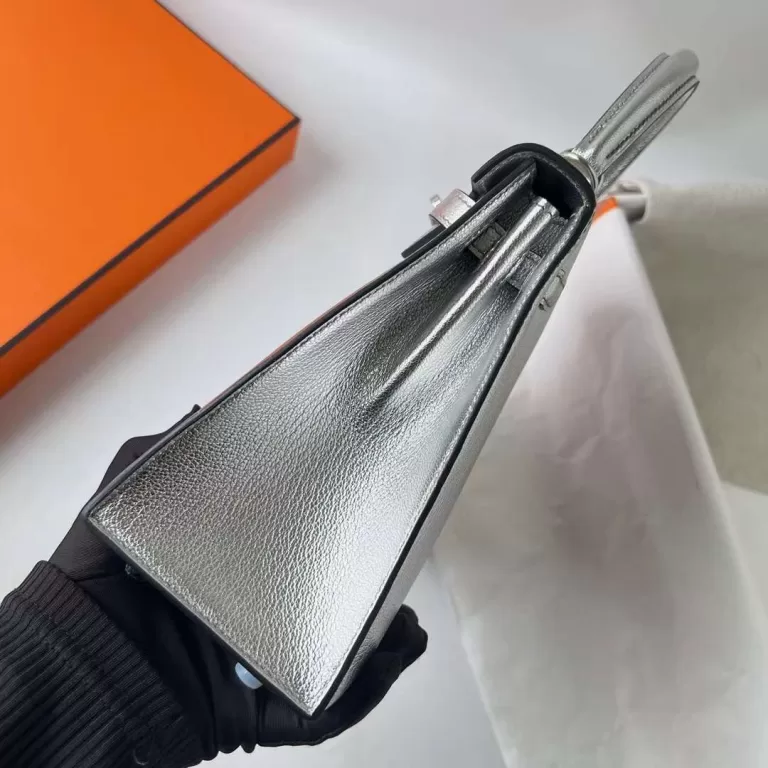 Hermes Kelly Chevre Silver & Black Silver Hardware Phw 25cm