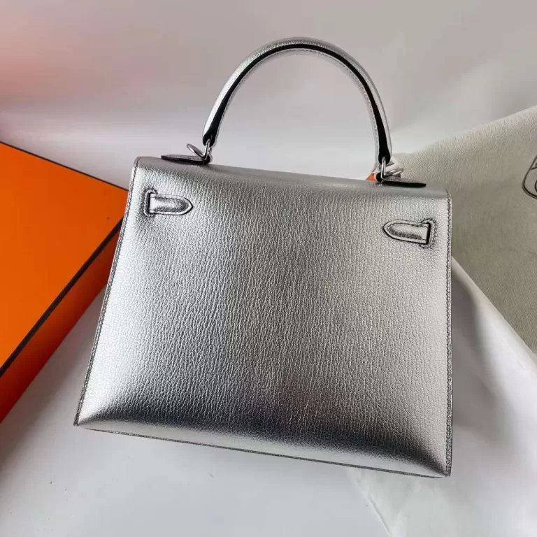 Hermes Kelly Chevre Silver & Black Silver Hardware Phw 25cm