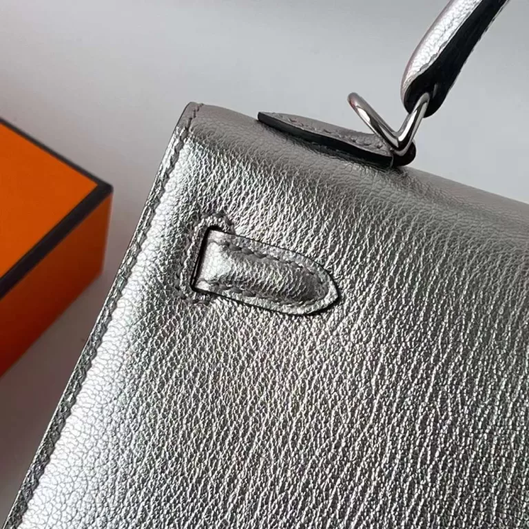 Hermes Kelly Chevre Silver & Black Silver Hardware Phw 25cm