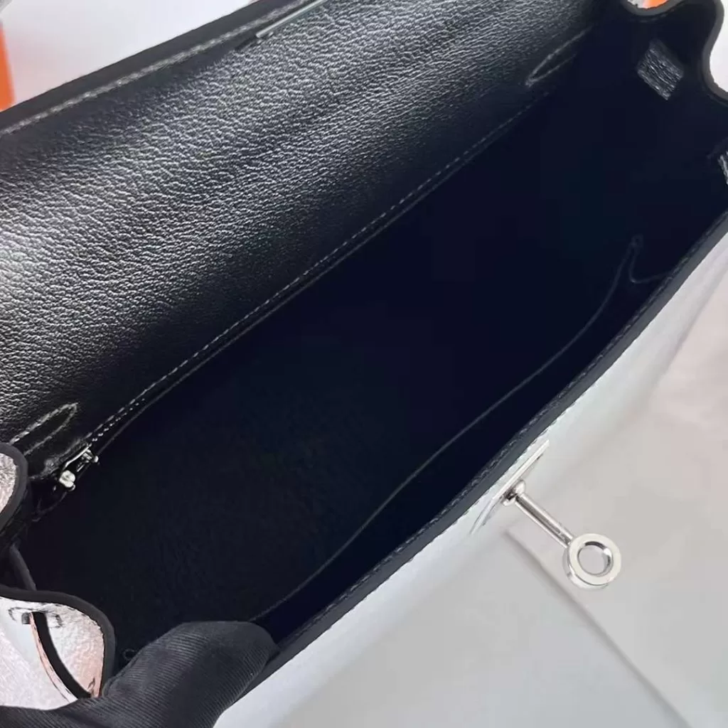 Hermes Kelly Chevre Silver & Black Silver Hardware Phw 25cm