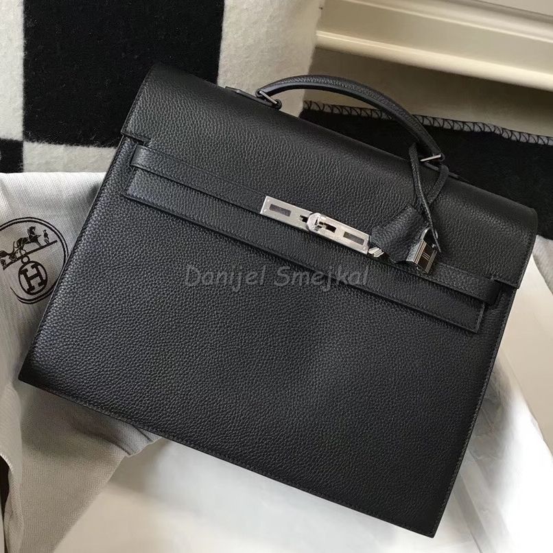 Hermes Kelly Depeche 34 Briefcase In Black Calfskin 34cm