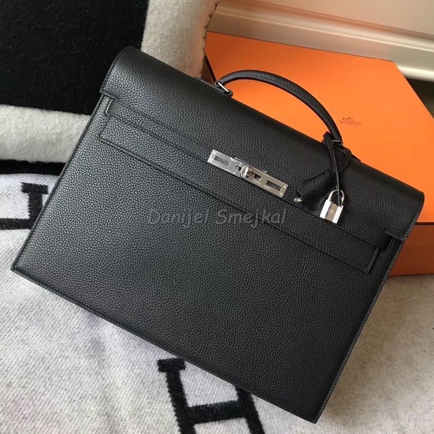 Hermes Kelly Depeche 38 Briefcase In Black Calfskin 38cm