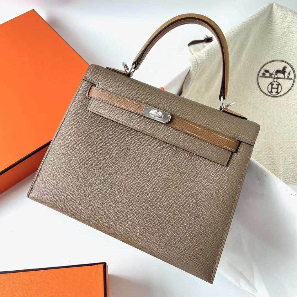 Hermes Kelly Epsom Ck18 Etoupe Grey & 3G chestnut & 4B Light Brown Silver Hardware Phw 25cm
