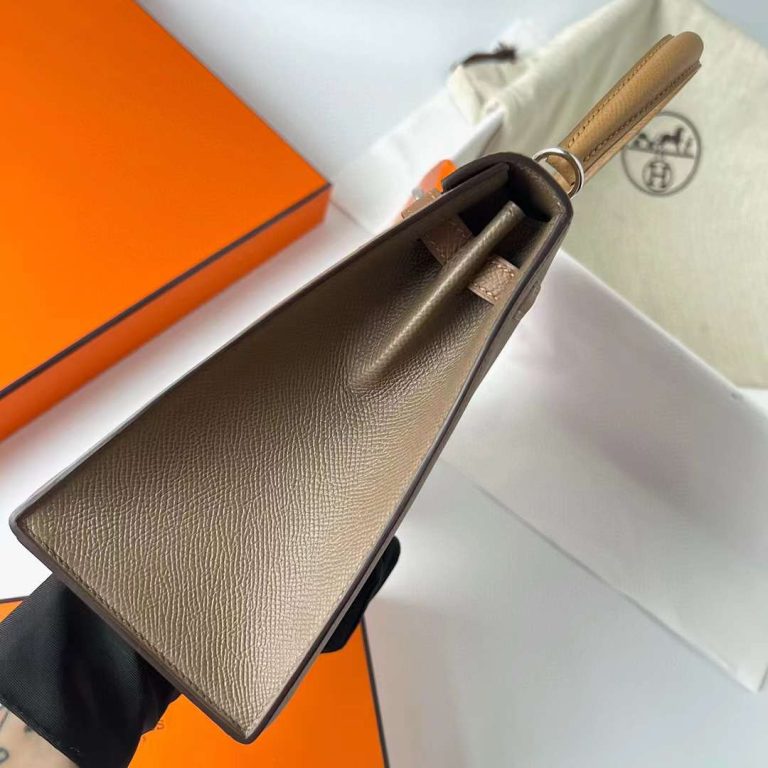 Hermes Kelly Epsom Ck18 Etoupe Grey & 3G chestnut & 4B Light Brown Silver Hardware Phw 25cm