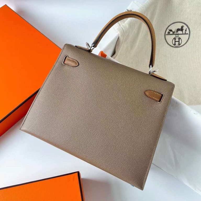 Hermes Kelly Epsom Ck18 Etoupe Grey & 3G chestnut & 4B Light Brown Silver Hardware Phw 25cm