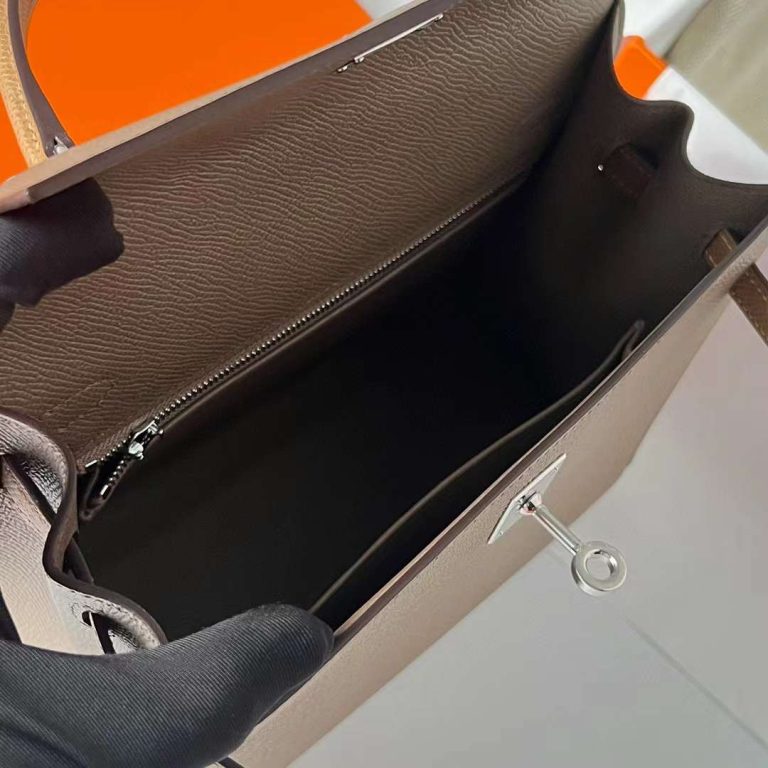 Hermes Kelly Epsom Ck18 Etoupe Grey & 3G chestnut & 4B Light Brown Silver Hardware Phw 25cm