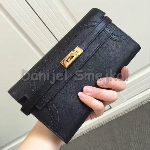 Hermes Kelly Ghillies Wallet In Black Swift Leather