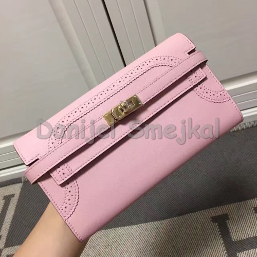 Hermes Kelly Ghillies Wallet In Pink Swift Leather