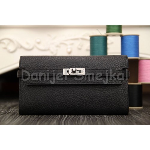 Hermes Kelly Longue Wallet In Black Clemence Leather 