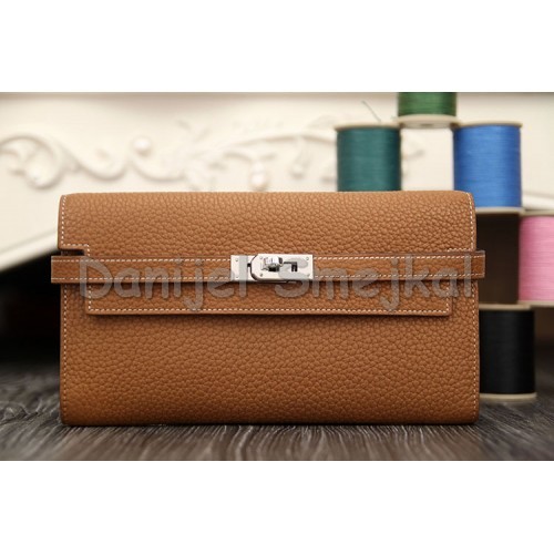 Hermes Kelly Longue Wallet In Brown Clemence Leather