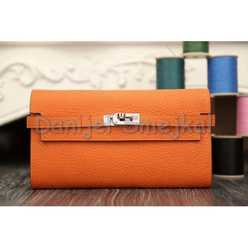 Hermes Kelly Longue Wallet In Orange Clemence Leather 