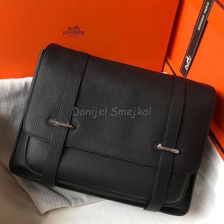 Hermes Steve 35 Messenger Bag In Black Clemence Calfskin 35cm